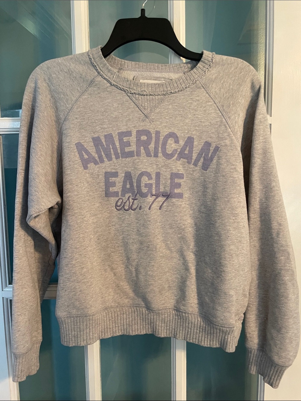 American Eagle Outfitters Light Gray Crewneck Sweatshirt with Purple Logo